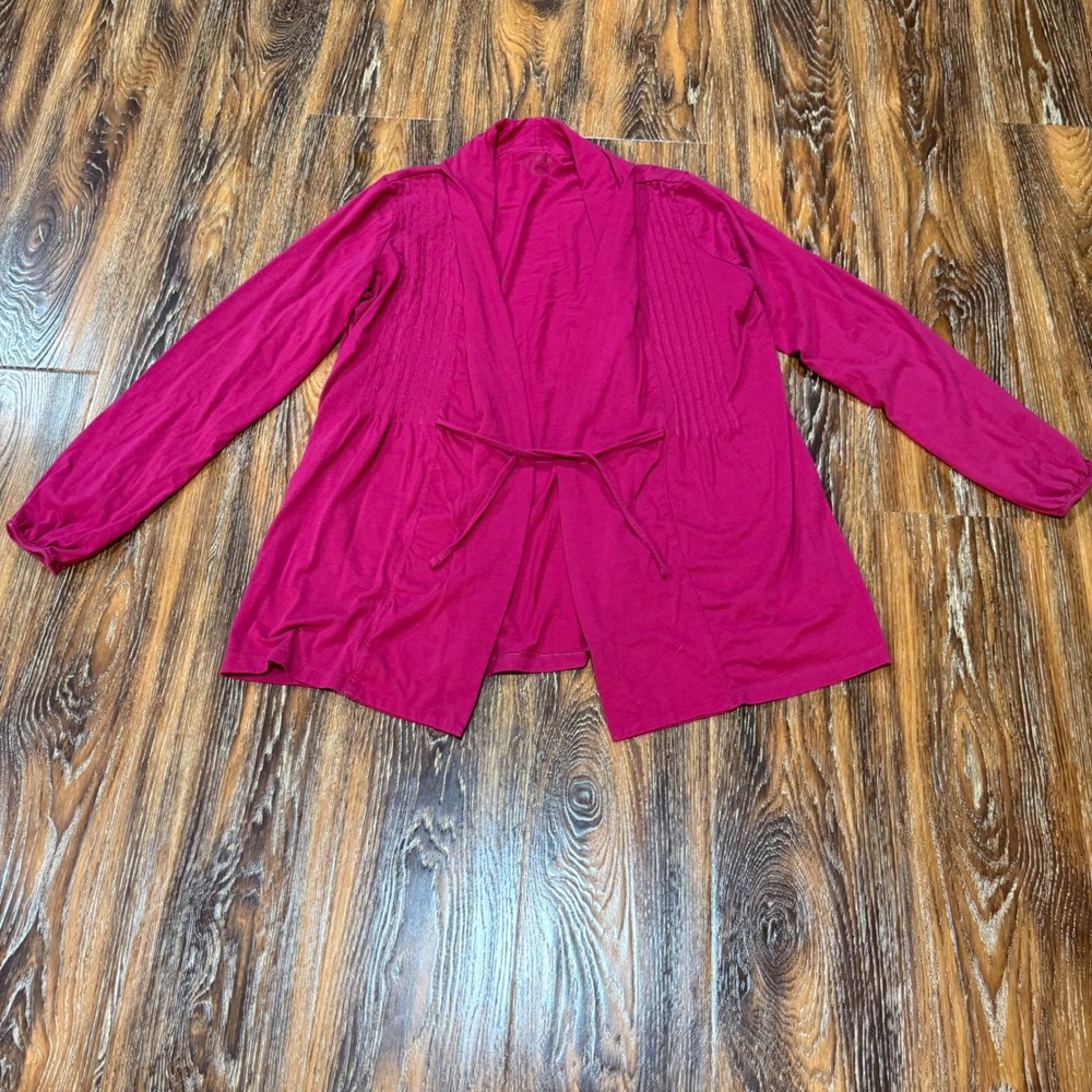 LL Bean M Cardigan Womens Pink Tie Waist Pintuck Pleat Open Front Long Sleeve